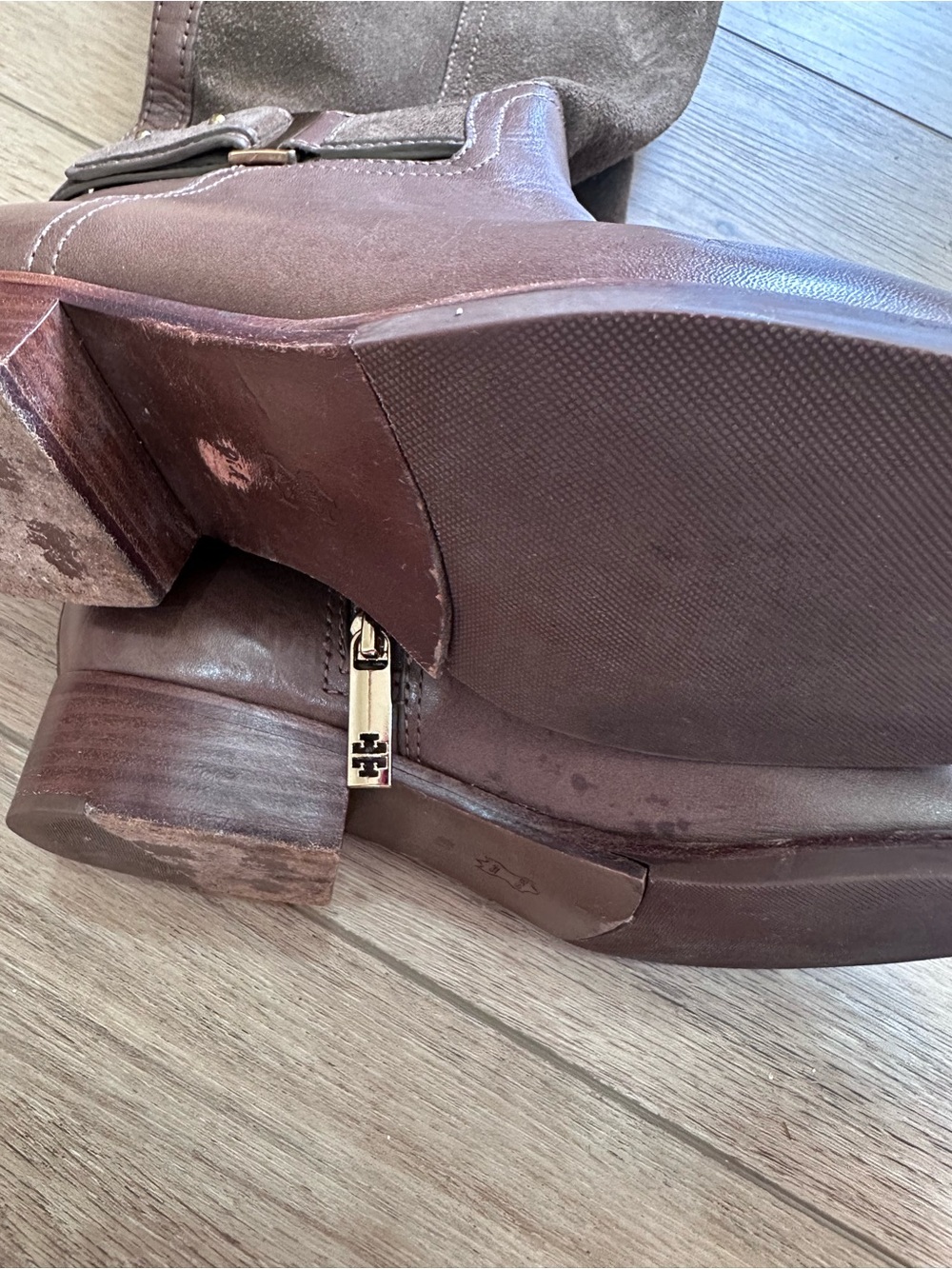 Tory Burch Brown Leather and Suede Mid-Calf Riding Boots - Picture 5 of 7